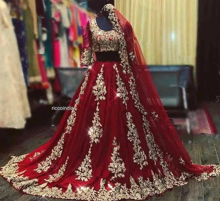 Sexy Indian Arabic Burgundy Wedding Dresses with Cape Veil Two Piece Gold Lace Muslim Half Sleeve Blue Dubai Bride Gown Custom