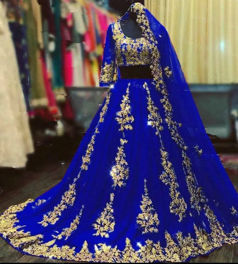 Sexy Indian Arabic Burgundy Wedding Dresses with Cape Veil Two Piece Gold Lace Muslim Half Sleeve Blue Dubai Bride Gown Custom
