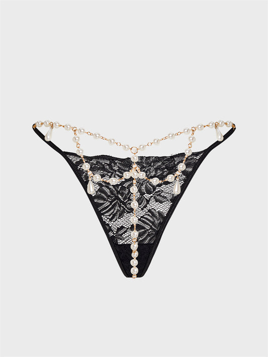 Elegant Black Floral Lace String Panty with Pearl Chain Detail